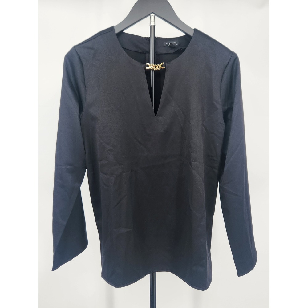 Ann Taylor Womens Small Black Long Sleeve V-Neck Blouse Gold Chain‎ Detail Top